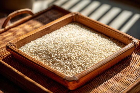 Bamboo rice winnowing tray under sunlight