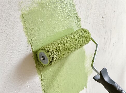 A close-up shot of a paint roller applying a fresh coat of light green color onto a white textured wall. The image depicts the process of home renovation, interior design, and wall decoration. Sharp