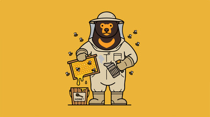 Fototapeta premium Bear Beekeeper Harvesting Honey from Hive with Bees.