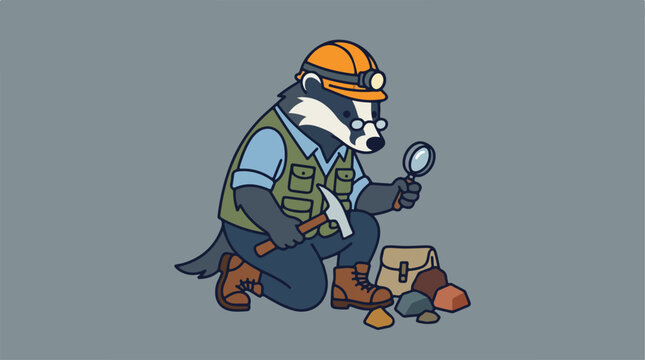 Badger Geologist Examining Rocks with Magnifying Glass.