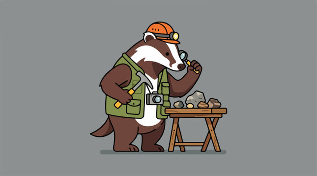 Badger geologist examining rocks with magnifying glass.