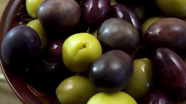 Fermented Olives Variety (Olea europaea) close-up, Curing Process and Brine Treatment