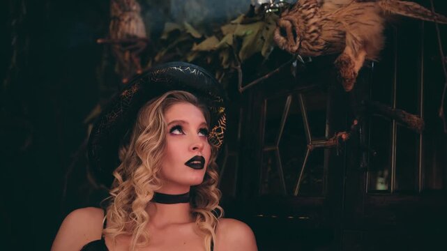 Young sorceress in a pointed hat with black lipstick casting a magic spell in a dark, mysterious forest. Mystical halloween scene with a beautiful witch performing a ritual surrounded by owls
