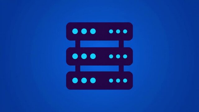 Animated server rack icon with blinking lights on blue background representing data processing, cloud computing, and web hosting.
