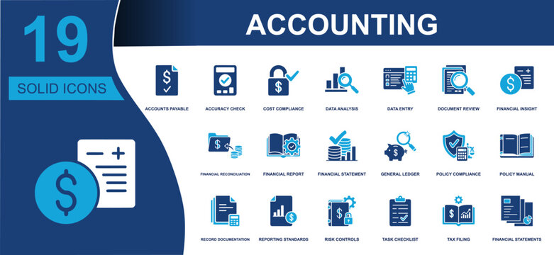 Accounting icon set. Containing accounts payable, data analysis, data entry, financial report, general ledger, tax filing, risk controls, compliance, statements and more. Solid vector icons