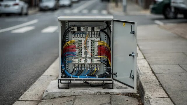 Medium shot of a curbside telecom cabinet featuring splice trays in focus with the road and parked vehicles softly blurred to emphasize underground network access points.