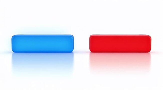 A minimalist image of two glossy rounded rectangular objects, one blue and one red