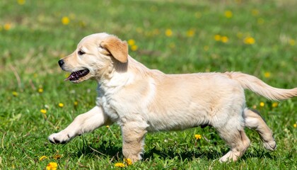 Adorable golden retriever puppy running in sunny green field with yellow flowers