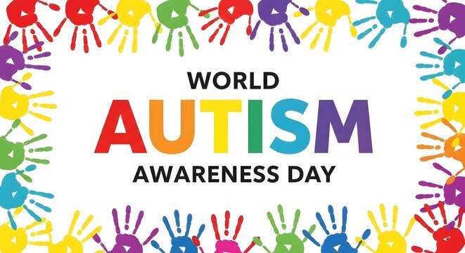 World autism awareness day colorful handprint border design for support and acceptance isolated on white background