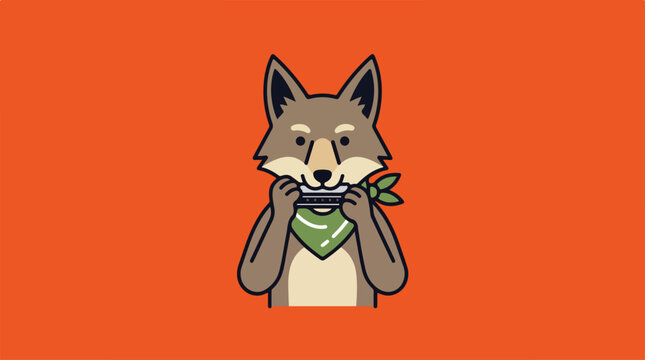 Cute cartoon wolf playing harmonica with green bandana.