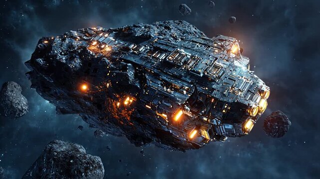 Futuristic Spacecraft Navigating Through an Asteroid Field in Space