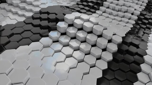 Abstract three dimensional flowing pattern of black, white, and gray hexagon shapes with reflective surfaces