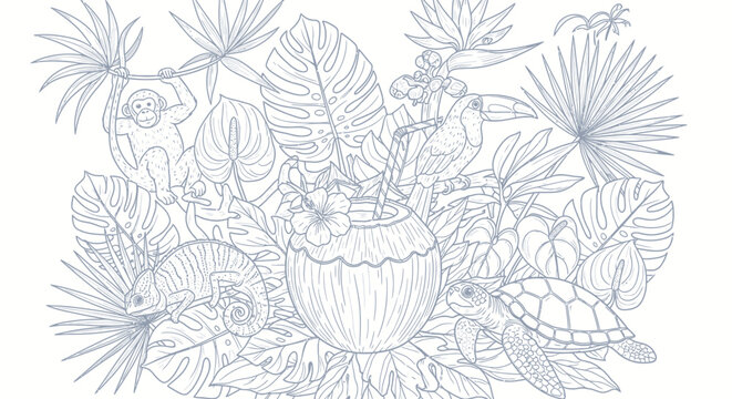 Turtle surrounded by tropical plants and flowers.