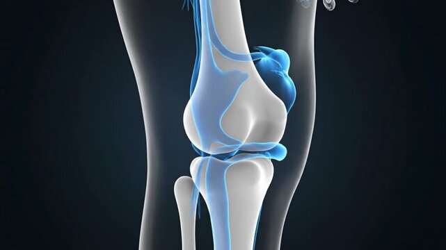 Anatomical 3D Render of a Human Knee Joint with Ligaments and Bones Isolated on a Dark Background
