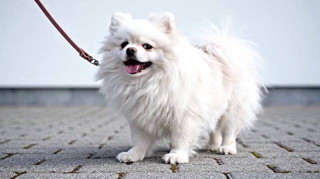 Cute fluffy Pomeranian dog on a leash walking on pavement.