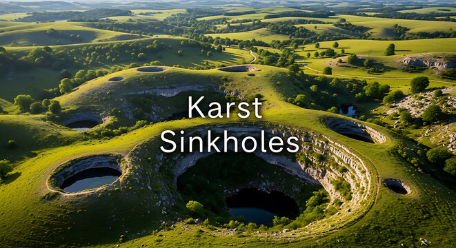 Aerial view of a karst landscape with sinkholes and green rolling hills and trees in countryside  natural geological formation  erosion