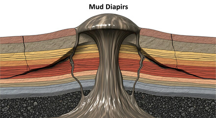 Mud diapir geological formation with layered rock strata and flowing mud science and geology concept