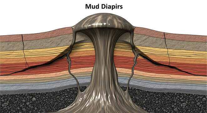 Mud diapir geological formation with layered rock strata and flowing mud  science and geology concept