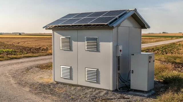 Rural telecom shelter equipped with solar power and battery storage passive cooling vents detailed in medium shot while outoffocus fields and farm roads frame it.