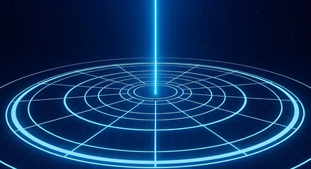 Fototapeta premium A technology poster with concentric circles and radial lines forming radar scanning interface, bright vertical blue beam on dark background, futuristic detection system template, generated by AI.