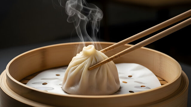 Steamed dumpling in bamboo steamer with chopsticks