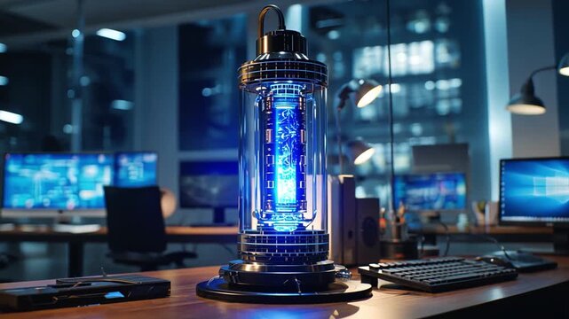 Futuristic Energy Core Displayed on Modern Office Desk with Screens