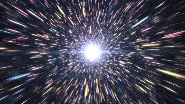 A bright, swirling cosmic tunnel with colorful streaks emanating from a central light