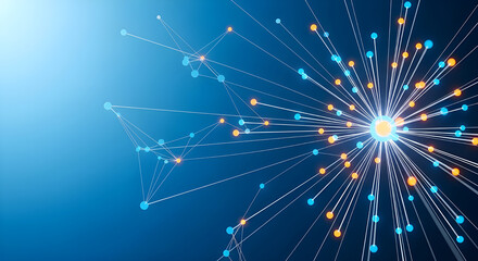 An abstract poster with central bright node emitting radial connections, glowing blue and orange nodes linked by lines on gradient background, digital communication and data flow template.