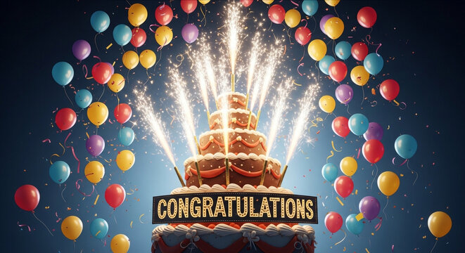 A colorful celebration scene with a congratulations cake and balloons