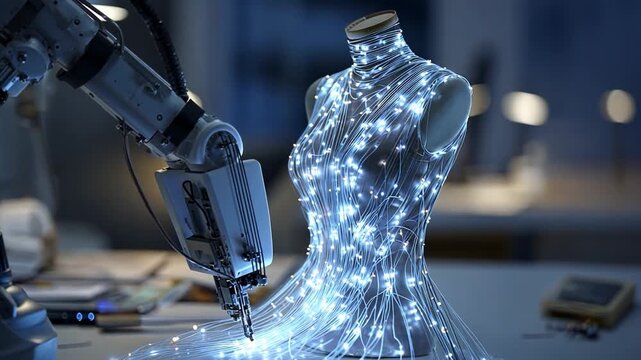 Robotic Arm Creating Light-Infused Dress on Mannequin in Studio