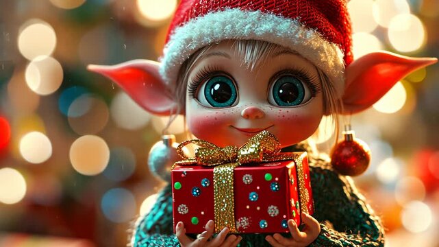 Charming Holiday Elf with a Christmas Present and Sparkling Bokeh Lights