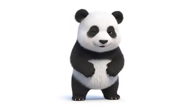 Charming panda cub standing in a realistic 3D render against white backdrop, looking happy and playful, perfect for children's content, animals