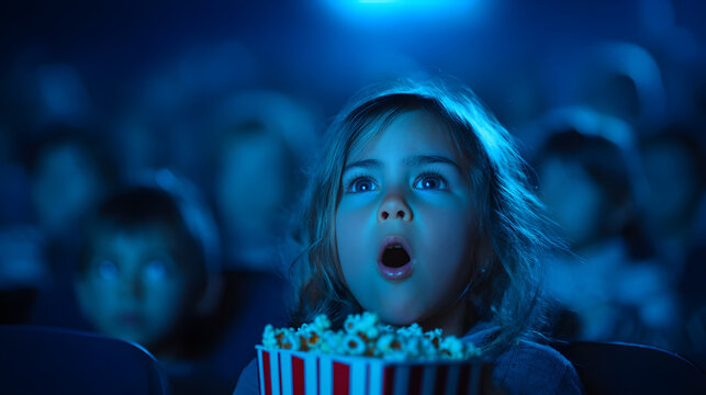 Excited young child holding popcorn watching movie in dark theater