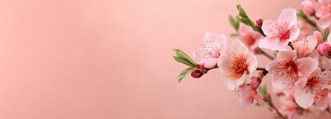 Fototapeta premium Delicate pink blossom branch on soft pastel background symbolizing spring renewal and Navruz celebration. Elegant seasonal composition with copy space representing nature, freshness and festive spring