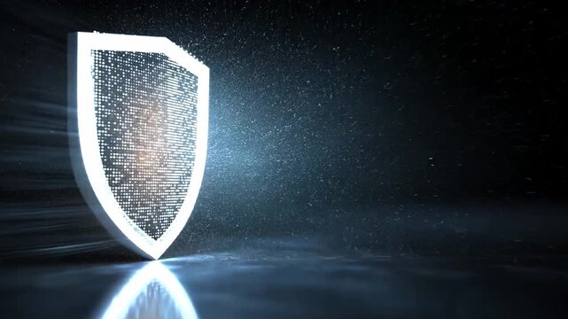 Digital Shield with Glowing Pixels on Dark Background