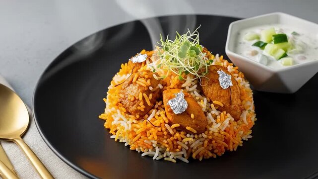 Gourmet Chicken Biryani with Silver Leaf and Cucumber Raita for Eid Celebration