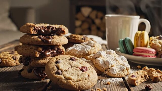 Delicious chocolate cookies, biscotti, and macarons arranged with a warm mug on a rustic wooden table, cozy scene