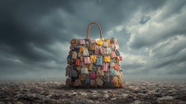 Huge handbag made of clothing and bags standing in landfill under dramatic sky, concept of overconsumption and fashion waste.