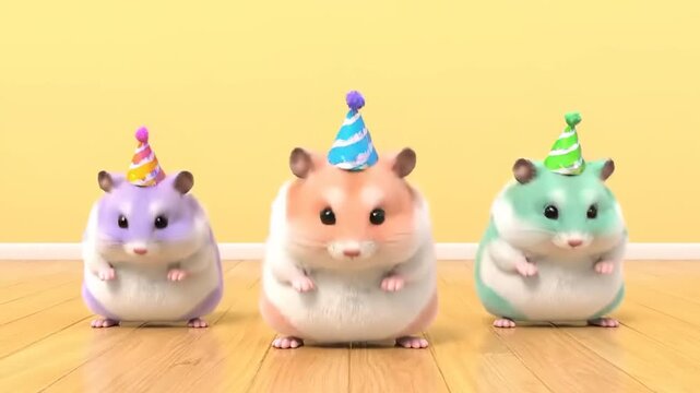 Animated Trio Hamsters Celebrate Birthday in Cartoon Style. Three cute furry friends in party hats, dancing together. Whimsical and endearing.