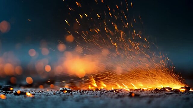 Glowing Sparks and Bright Flames Emanating from Ground Surface