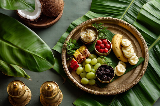 Traditional Chhath Puja offerings arranged on a brass plate with fruits and diya lamps.
