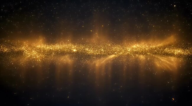 Mystical golden light particles floating and twinkling in a dark atmosphere background
