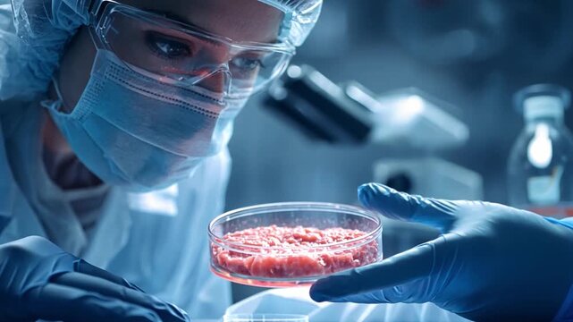 Scientist Examining Petri Dish with Bacterial Culture in Lab Setting