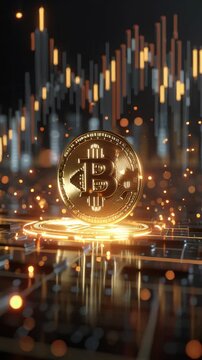 Golden Bitcoin cryptocurrency with digital data and futuristic technology background.