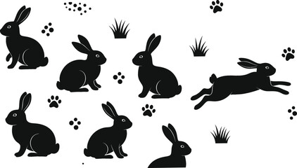 Rabbit silhouette vector collection with cute bunny poses, jumping and sitting hares with paw prints and grass decorative animal illustration set © Jahangir