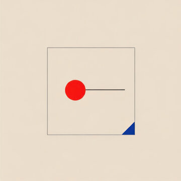 Minimalist abstract red dot with line and blue corner on beige square.
