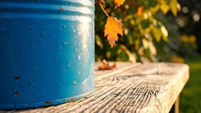 Close-up of a rustic blue metal bucket on an old wooden park bench with fall foliage in background during golden hour