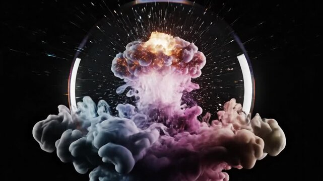 Creative concept of a mushroom cloud explosion inside a transparent sphere on a black background