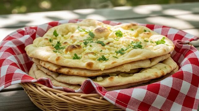 Freshly baked artisanal garlic flatbread with parsley in a wicker basket for an outdoor picnic