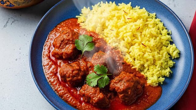 Traditional Kashmiri Lamb Kofta Meatball Curry with Saffron Basmati Rice